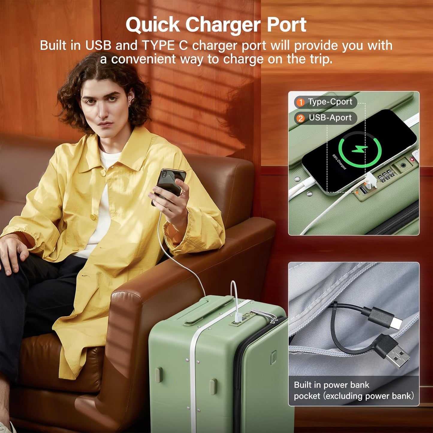 Hanke 28 Inch Luggage with Cup Holder and Charge,Top Opening Hard Shell Suitcases with Wheels and Dividers,Aluminum Frame Trunk Luggage Extra Large Suitcase with Lock for Travel，Bamboo Green