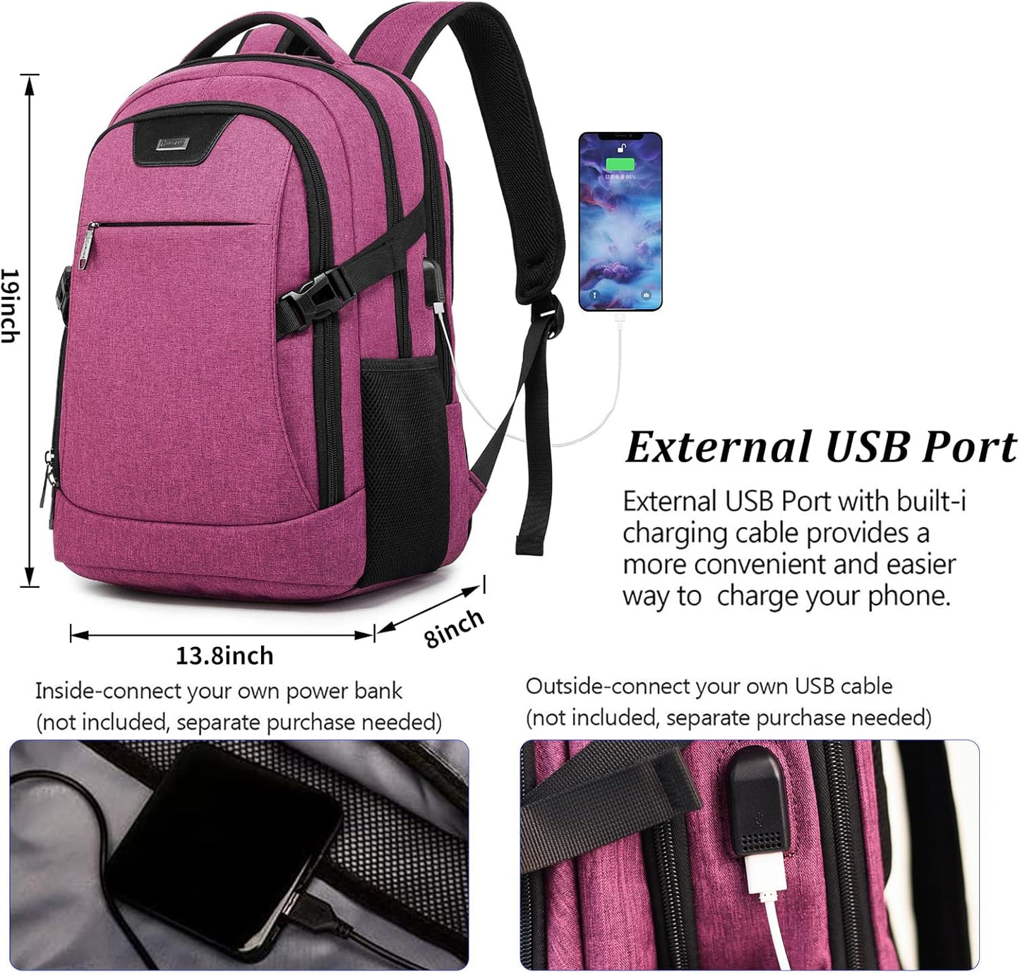 DUSLANG Travel Work Laptop Backpack With USB Charging Port Fits 15.6 15 14 13 Inch Laptop and Notebook Business Anti Theft College Computer Bag Back Pack for Women- Hot Pink