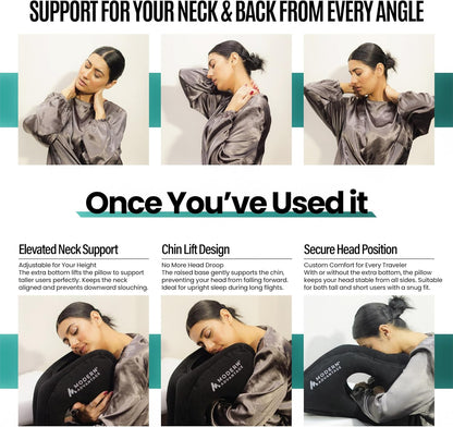 Modern Advantage Inflatable Travel Pillow for Airplanes with Adjustable Extra Bottom, Support Head & Chin to Avoid Neck & Shoulder Pain, for Travelling, Office Napping with Eye Mask & Earplug