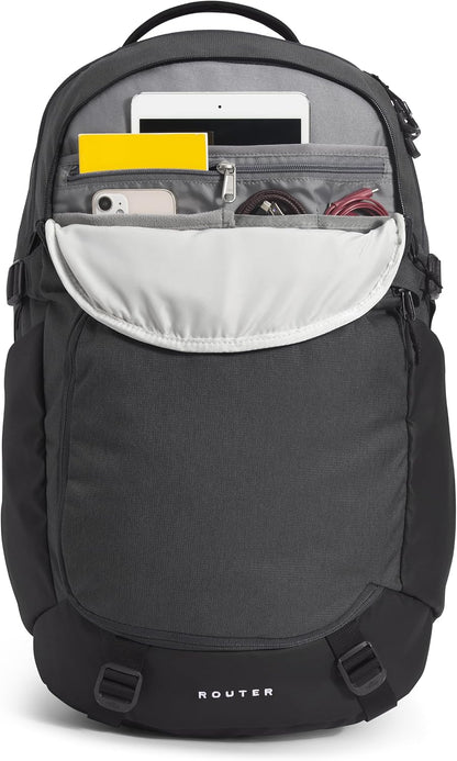 THE NORTH FACE Router Everyday Laptop Backpack | Daypack with Water Repellent Finish, 17" Laptop Sleeve, Reflective Details, Asphalt Grey Light Heather/TNF Black-NPF, One Size