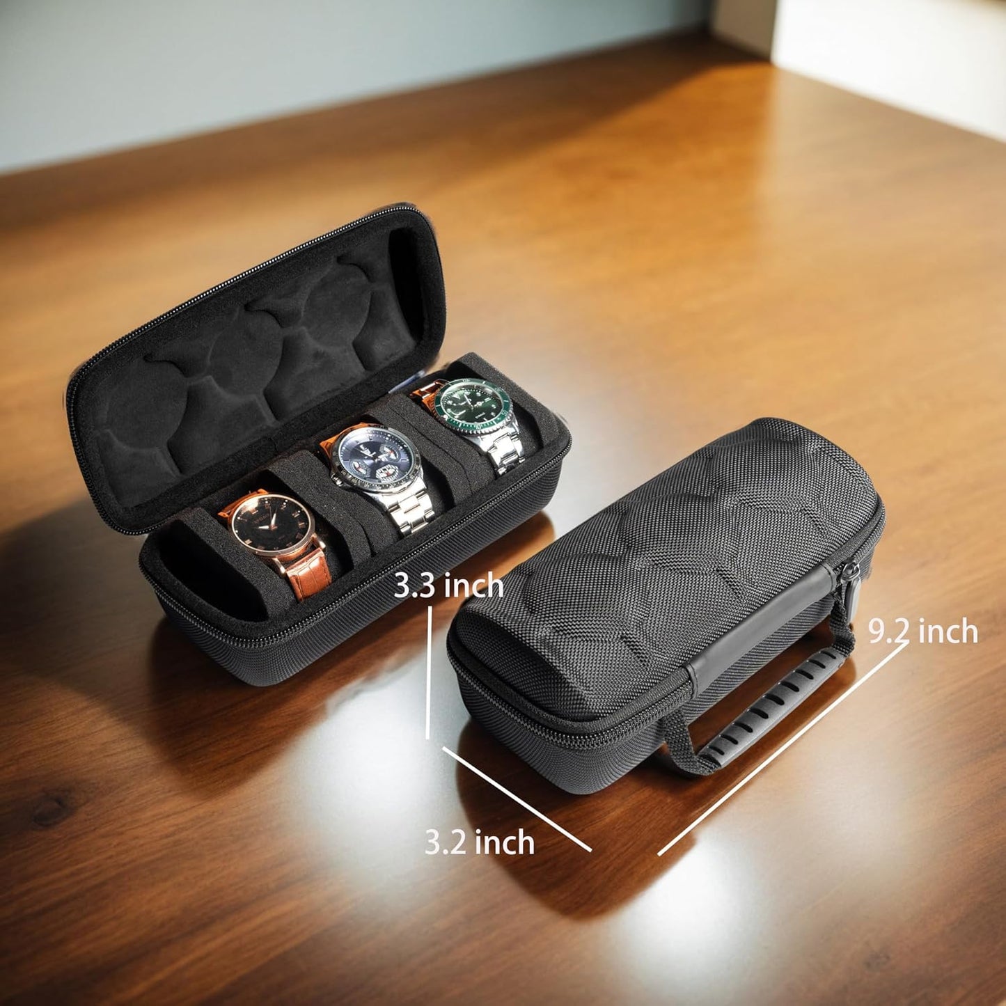 3 Slot Hard Watch Travel Case, Watch Roll Case Storage and Organizer for Men and Women, with anti-move watch pillow (Black fabric 3Slots)