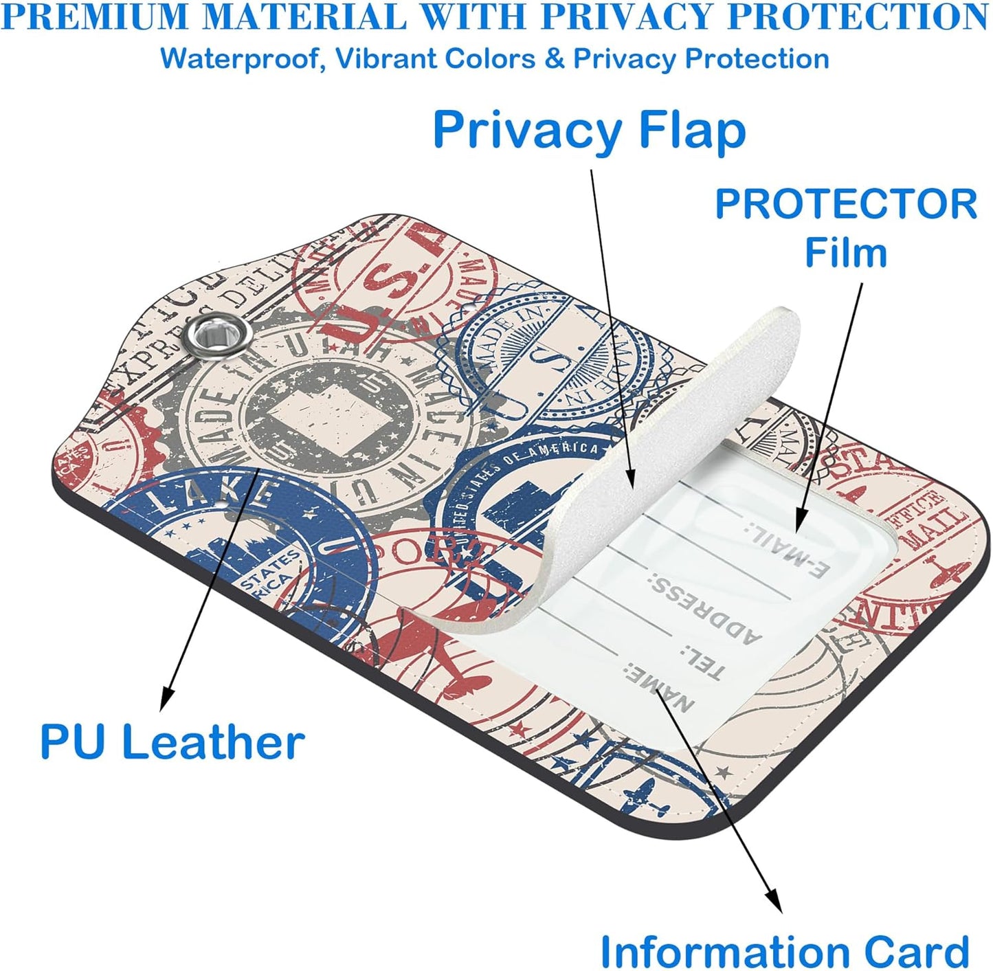 Travel Stamp Luggage Tags for Suitcases Leather Travel Tags for Luggage ID Label with Privacy Cover and Stainless Steel Loop for Men Women Suitcase Backpack, Set of 2