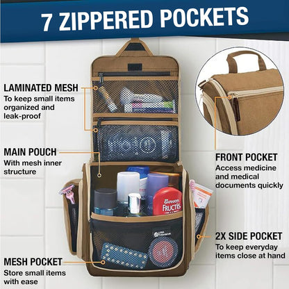 D&D Hanging Travel Toiletry Bag for Men and Women – Large Cosmetics, Makeup and Toiletries Organizer Kit with 10 Compartments, YKK Zippers, XXL Metal Swivel Hook, Water-Resistant Nylon