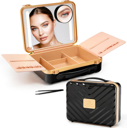 Lighted Makeup Case with Mirror - Portable Travel Makeup Organizer with light up Mirror, 3 Light Settings, Rechargeable Makeup Bag with Mirror and Lights - Mini 10x magnifying Mirror included