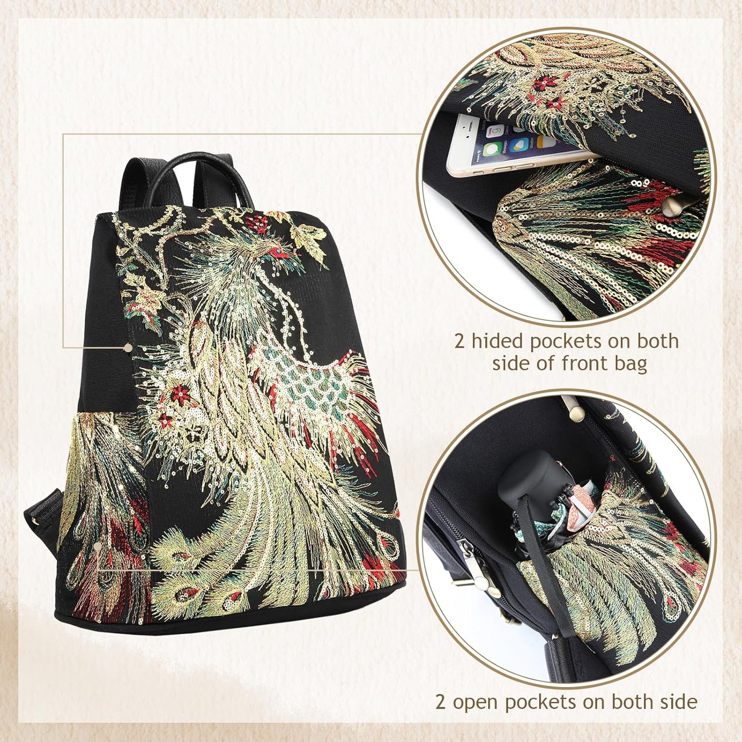 Jursccu Glitter Embroidery Women Backpack Purse, Fashion Canvas Travel Anti-theft Rucksack Shoulder Bag (Black)