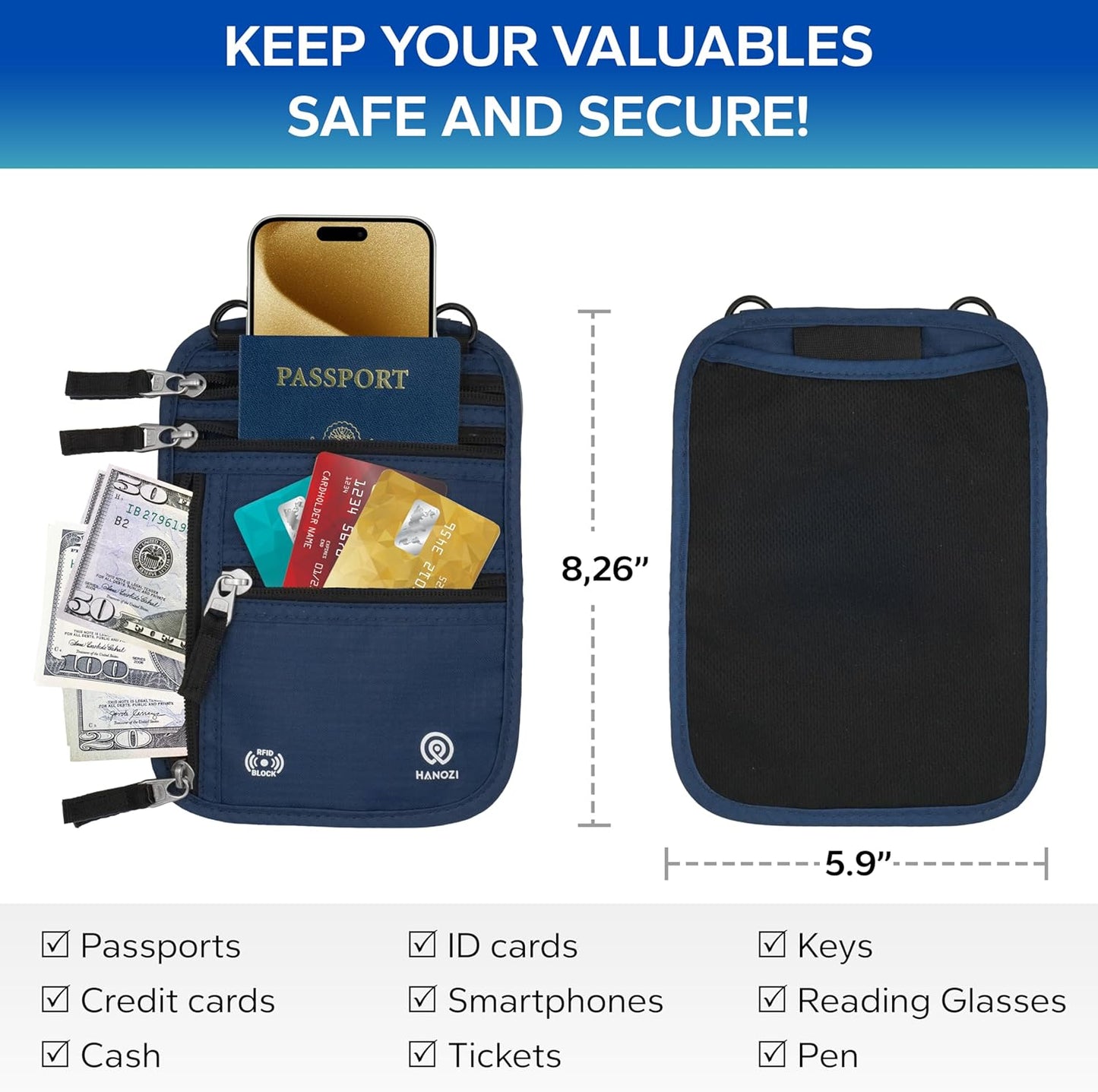 Neck Wallet – Travel Pouch and RFID Blocking Passport Holder for Women and Men, Slim Travel Wallet (Navy)