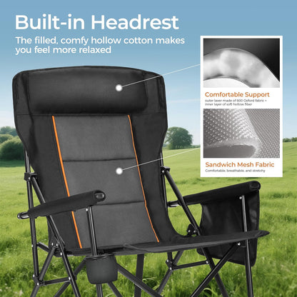 ALPHA CAMP Heavy Duty High Back Camping Chairs with Cup Holder Oversized Folding Chair Outdoor Chair with Headrest,Lawn with Side Pocket for Lawn, Sports and Fishing, 500lbs