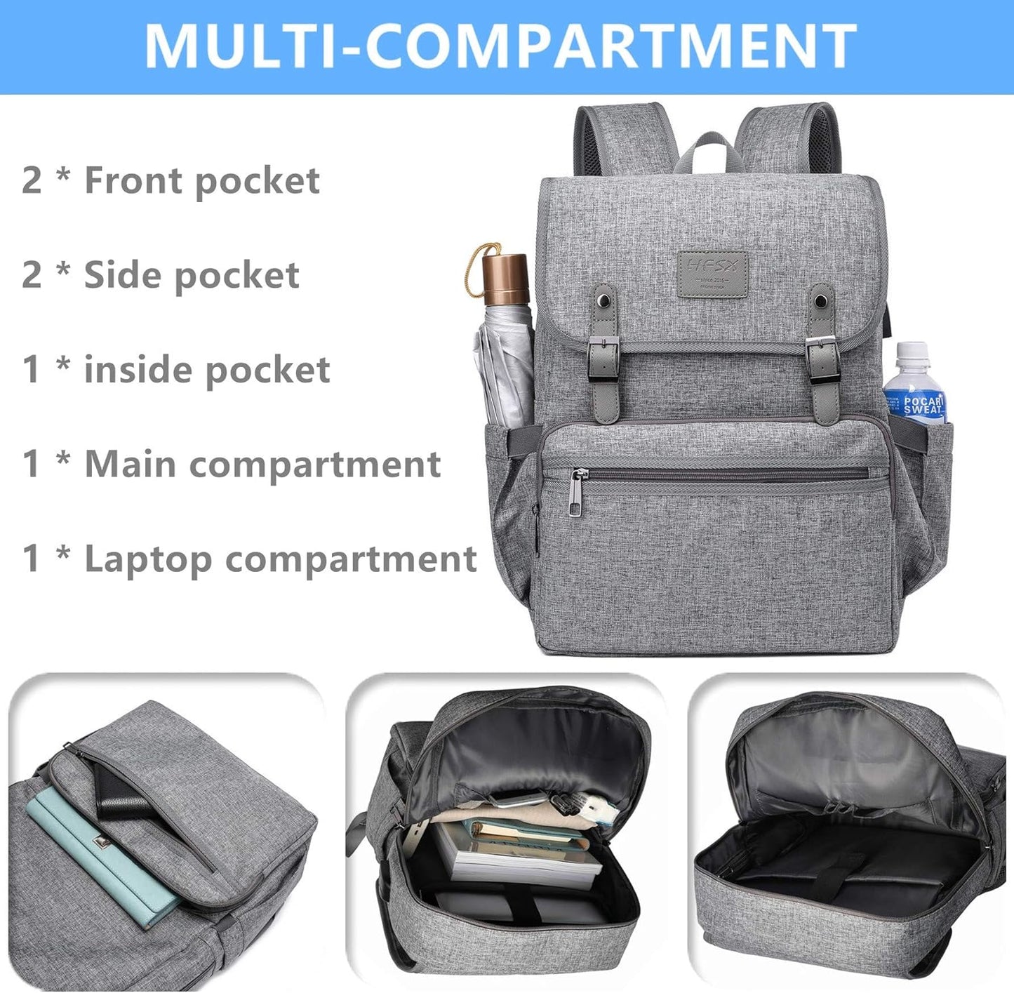 HFSX Laptop Backpack Men Women Vintage Backpack Bookbag College Backpacks Stylish Backpack Grey Fits 15.6 Inch Laptop