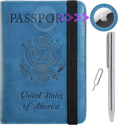 Airtag Passport Holder Cover Wallet Travel Essentials RFID Blocking Leather Card Case International Must Haves Travel Accessories for Women Men(119#Blue)