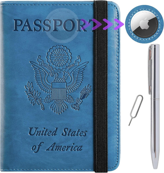 Airtag Passport Holder Cover Wallet Travel Essentials RFID Blocking Leather Card Case International Must Haves Travel Accessories for Women Men(119#Blue)
