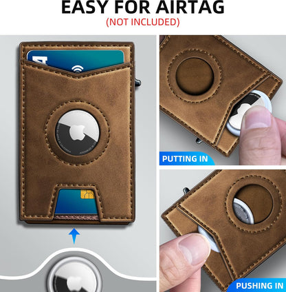 Airtag Wallet for Men,with Money Clip Gift Boxed,Slim Front Pocket Wallet RFID Blocking Metal Case Smart Pop-up Credit Card Holder in Magnetic Leather Flip