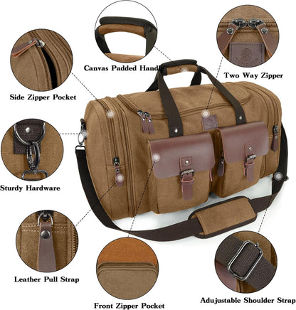 Canvas Duffle Bag for Men 60L Travel Duffel Bags Expandable Genuine Leather Duffel Overnight Weekender Carry On Bag Two Zipper Pockets Travel Bag (Coffee, X Large-60L)