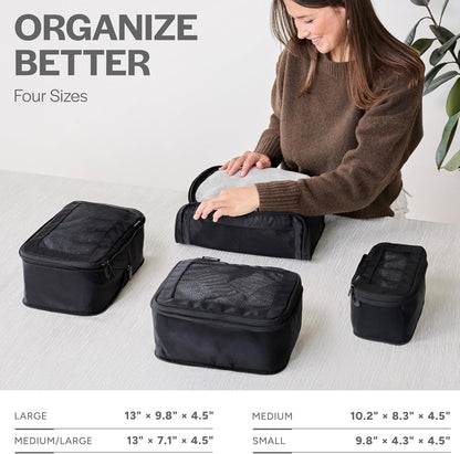 Compression Packing Cubes for Travel - Luggage Organizer Bags - Double Zipper Packing Cubes for Suitcases (4-Pack, Black)