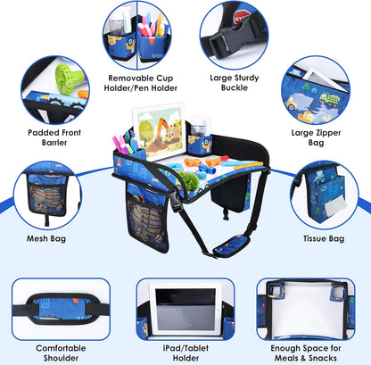 2PCS Kids Travel Tray for Airplane - Toddler Car Seat Table Tray, Road Trip Essentials for Boys & Girls, Carseat Lap Desk for Kids Road Trip Activities (Dark Blue Car/Purple Mermaid)