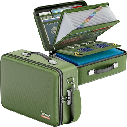 DocSafe Fireproof Document Box with Lock＆Shoulder Strap,Hard Case File Organizer with Accordion File Folder,Multi-Layer Portable Home Office Travel Safe Storage for Important Documents Laptop Green