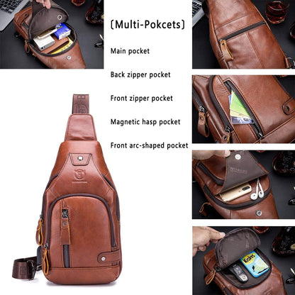 BULLCAPTAIN Leather Sling Bag Mens Chest Bag Casual Shoulder Crossbody Bags Travel Hiking Backpacks Daypack with USB Charging Port (Brown)