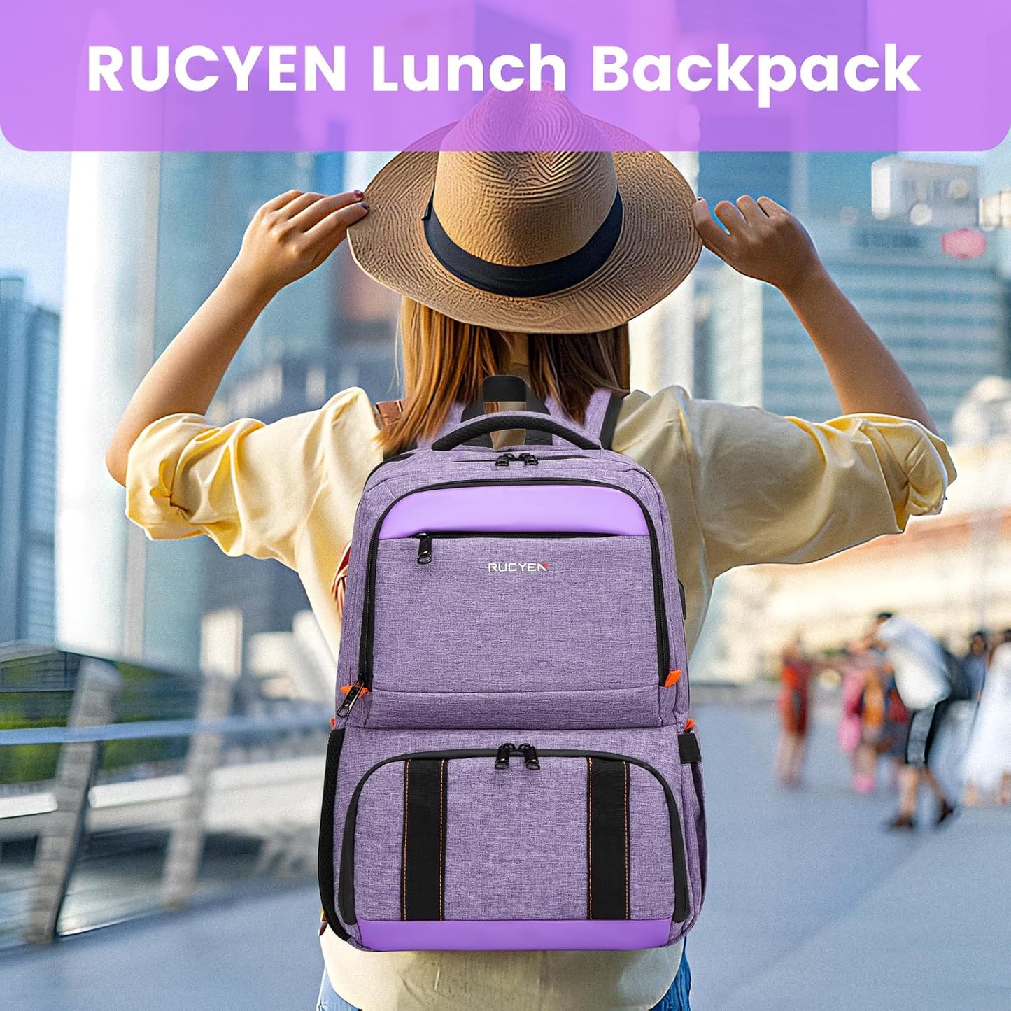 Lunch Backpack, Insulated Cooler Backpack Lunch Box for Women, 15.6 Inch RFID Blocking Laptop Backpack with USB Port, for Work Travel Picnics Hiking Purple