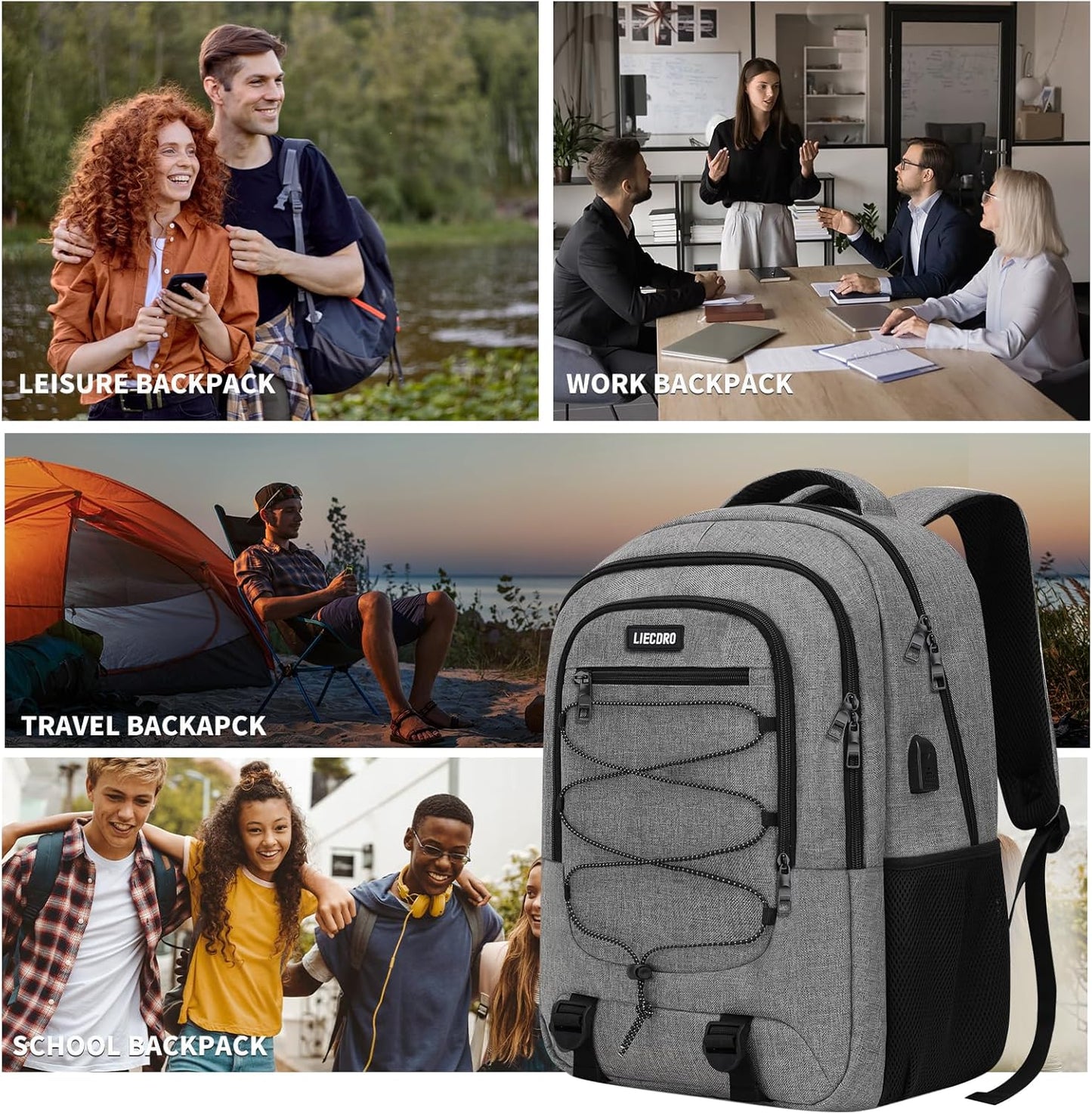 Grey Backpack for Men Women, Backpack for School, School Backpacks for Boys Girls Teens, 15.6 inch Laptop Back Pack with USB Charging Port, Large College Book Bag, Business Work Travel Bookbag