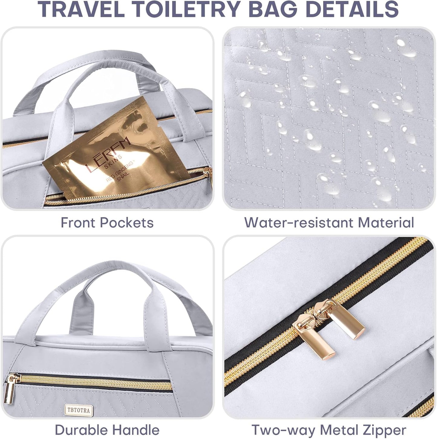 Hanging Toiletry Bag for Women Travel, 2 Sizes Large & Small Waterproof Cosmetic Organizer with 4 Compartments, Rotating Hook, Foldable Pink Travel Bag for Toiletries & Makeup - Medium Grey