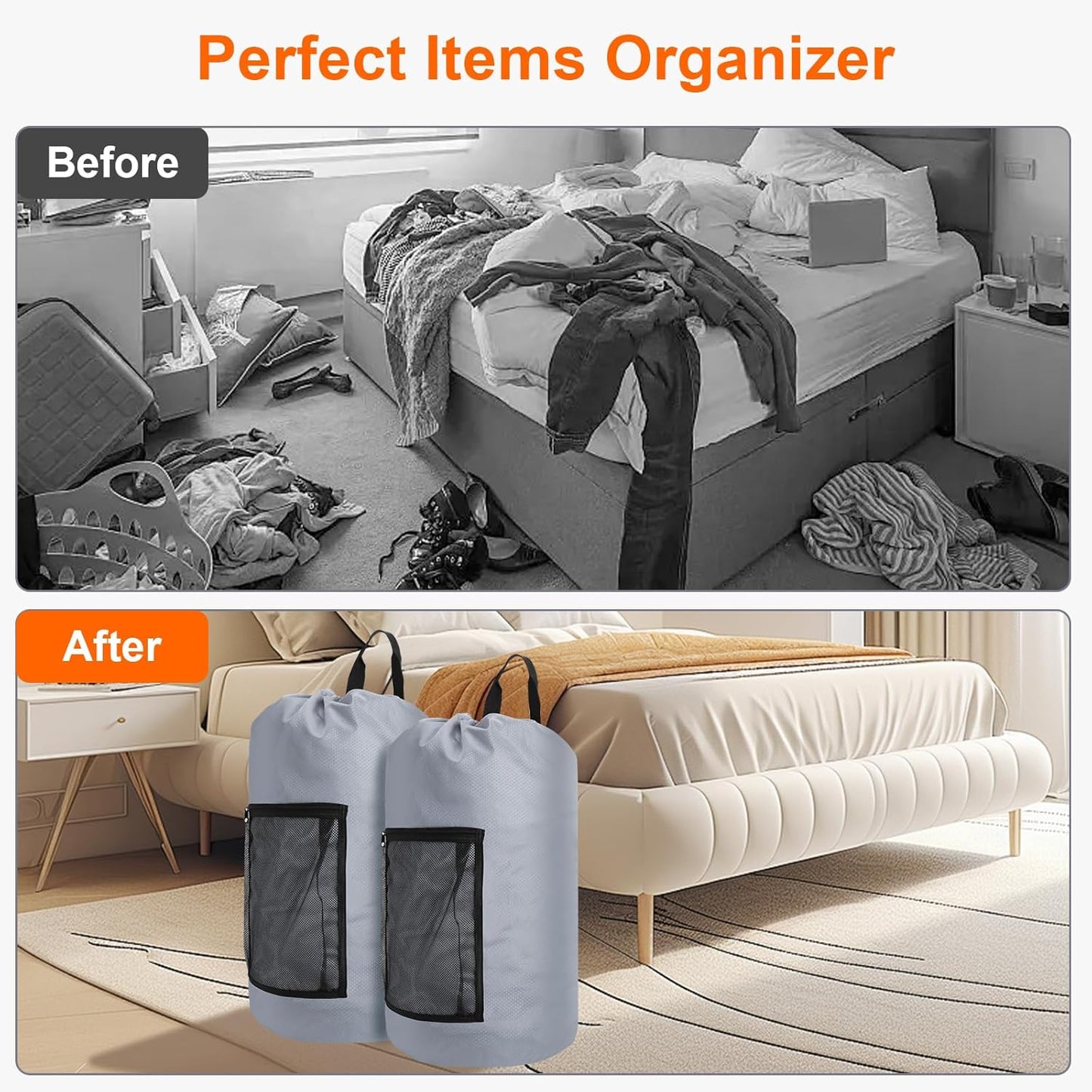 Laundry Bag Backpack Durable Laundry Bag with Shoulder Straps and Mesh Pockets Portable Laundry Dirty Clothes Hamper Bag for College Dorm (Gray)