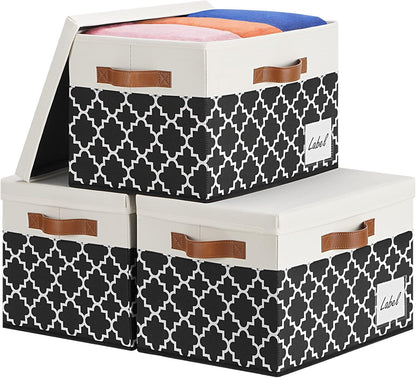 GhvyenntteS Extra Large Storage Bins with Lids, Foldable Fabric Storage Boxes with Lids and 3 Handles, Storage Baskets with Label Window (3 Pack, White&Lattice Black, 15.75x11.8x10.2)
