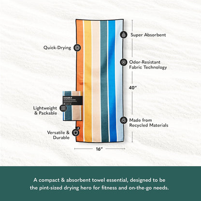 Nomadix Mini Towel - Perfect for Beach, Pool, Travel, Camping, Yoga - Made with Recycled Materials - Super Absorbent - Sand Resistant - Stripes Retro - 16x40