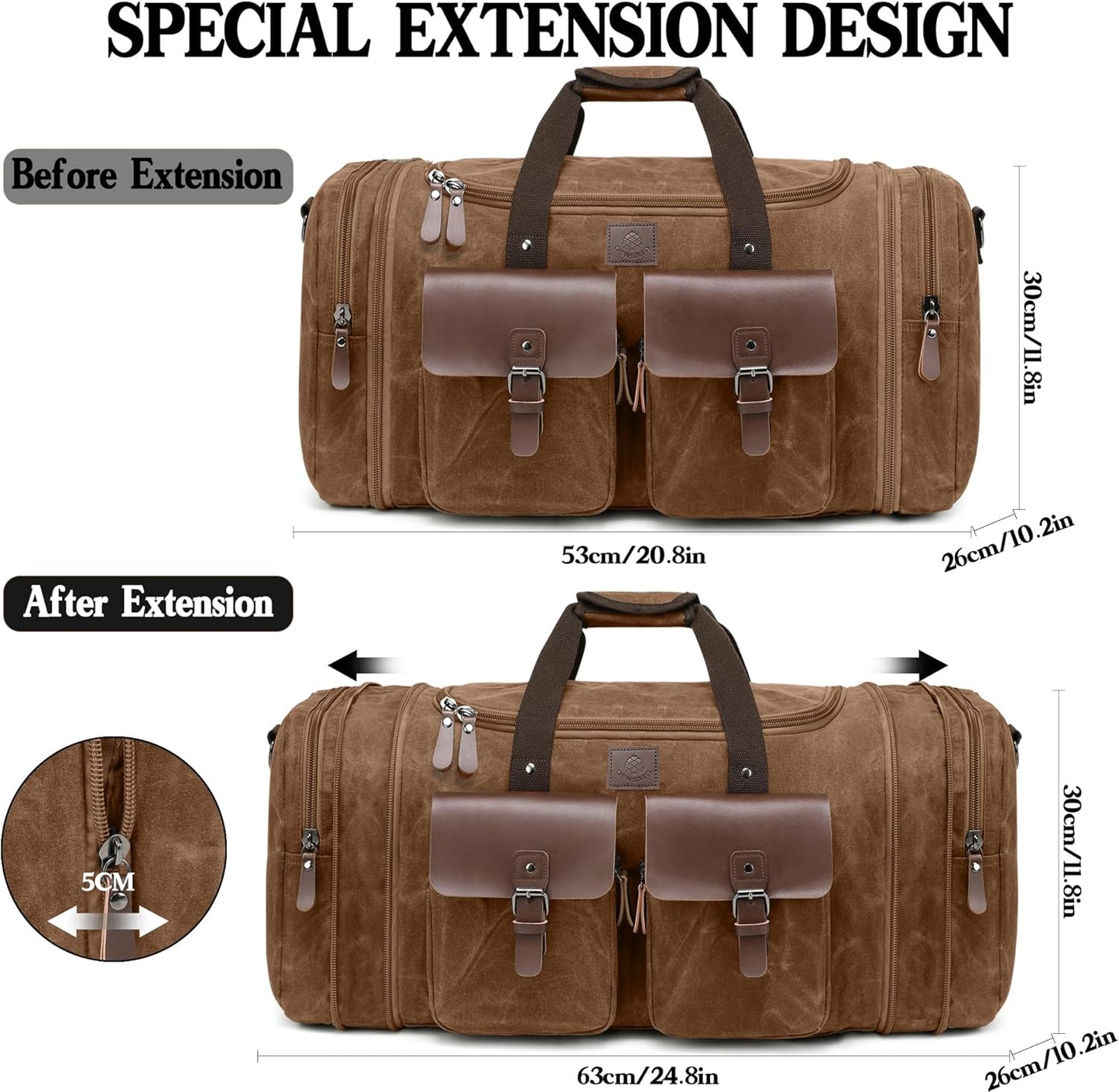 Waxed Canvas Duffle Bag for Men 50L Travel Duffel Bags Expandable Genuine Leather Duffel Overnight Weekender Carry On Bag Two Zipper Pockets Travel Bag (Vintage Dark Brown, Large-50L)