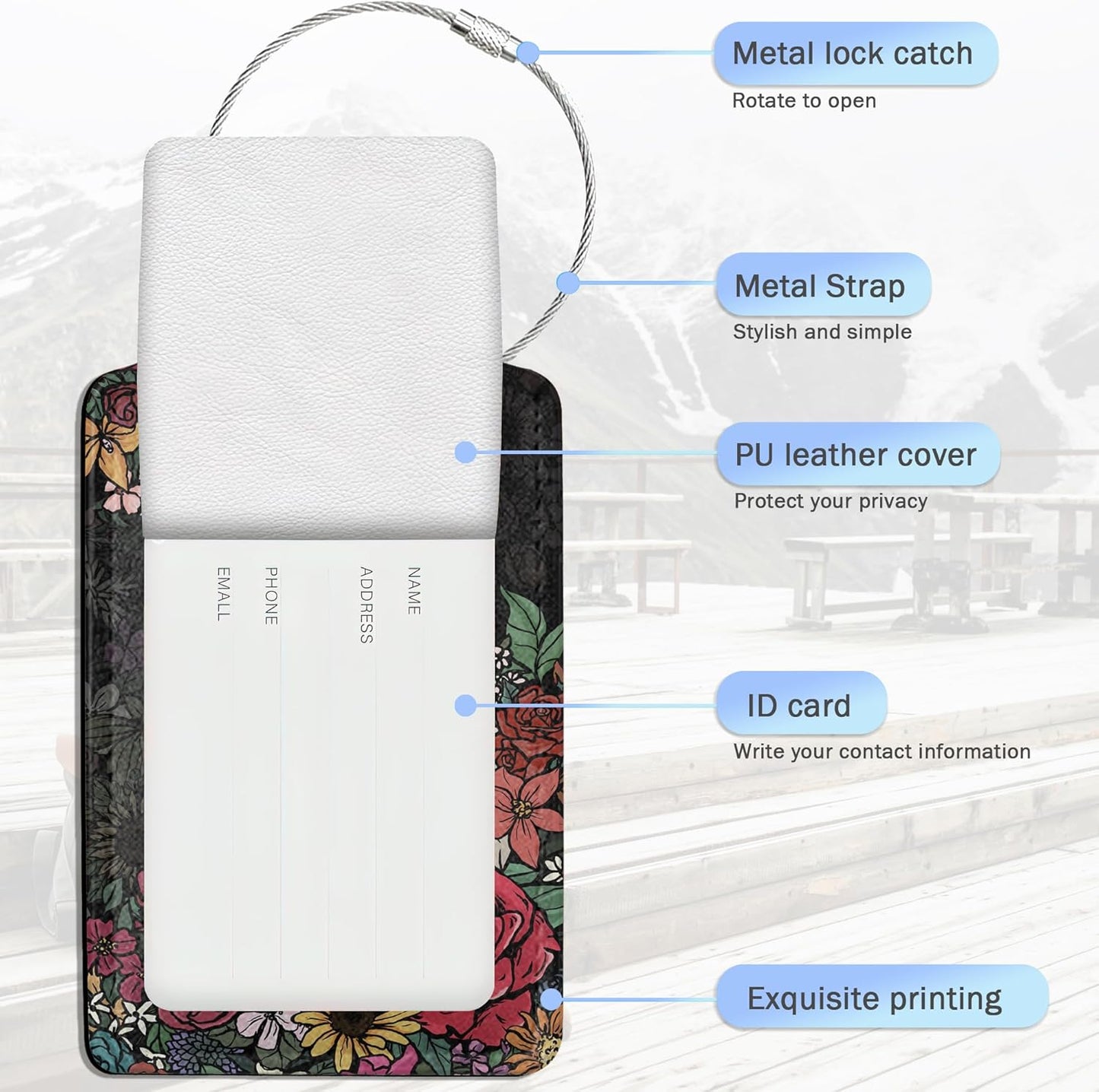 Skull Flowers Luggage Tags,2 Pack Luggage Tag,Leather Privacy Cover ID Label with Stainless Steel Loop for Women Men Kids Girls Travel