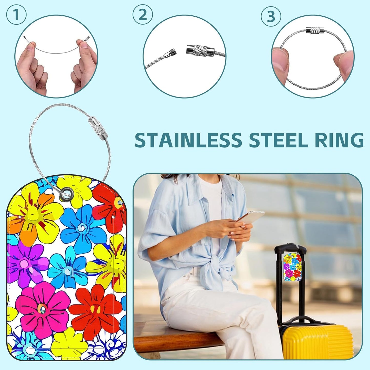 2 Pack Cute Luggage Tag for Suitcases Beautiful Bright Flowers Leather Luggage Tags with Stainless Steel Loop Privacy Flap Name Tags,Men and Women Travel Bag Suitcase Tags