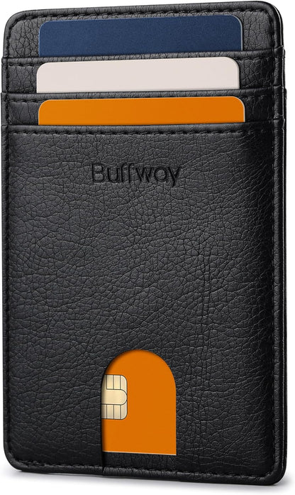 Buffway Mens Slim Wallet, Minimalist Thin Front Pocket Leather Credit Card Holder with RFID Blocking for Work Travel