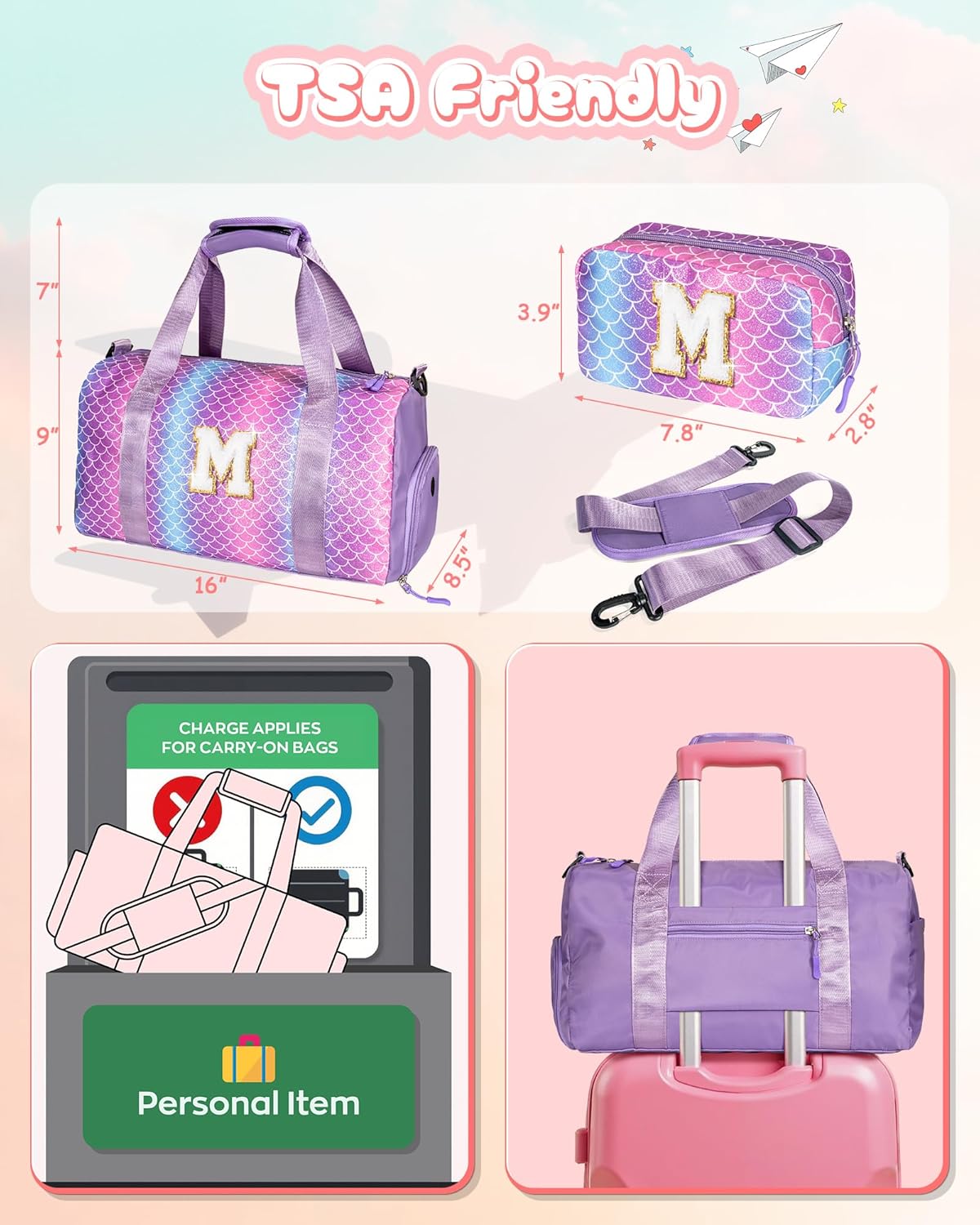 Valentines Day Gift for Girls-Girl Gym Bag with Shoe Compartment, Kid Personalized Weekender Overnight Bags, Initial Travel Tote with Makeup Pouch, Easter Gifts for Teen Daughter (Letter Q)