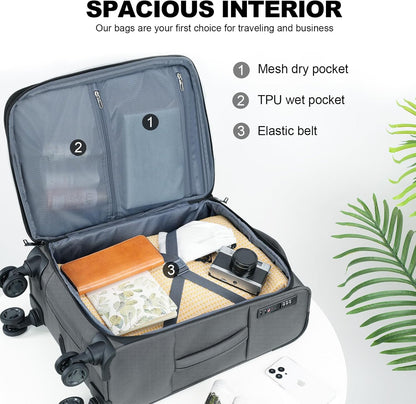 KROSER Softside Expandable Carry On Luggage with Spinner Wheels & Built-in TSA Lock, Durable Suitcase Rolling Luggage with USB Port, Carry-On 20-Inch, Grey