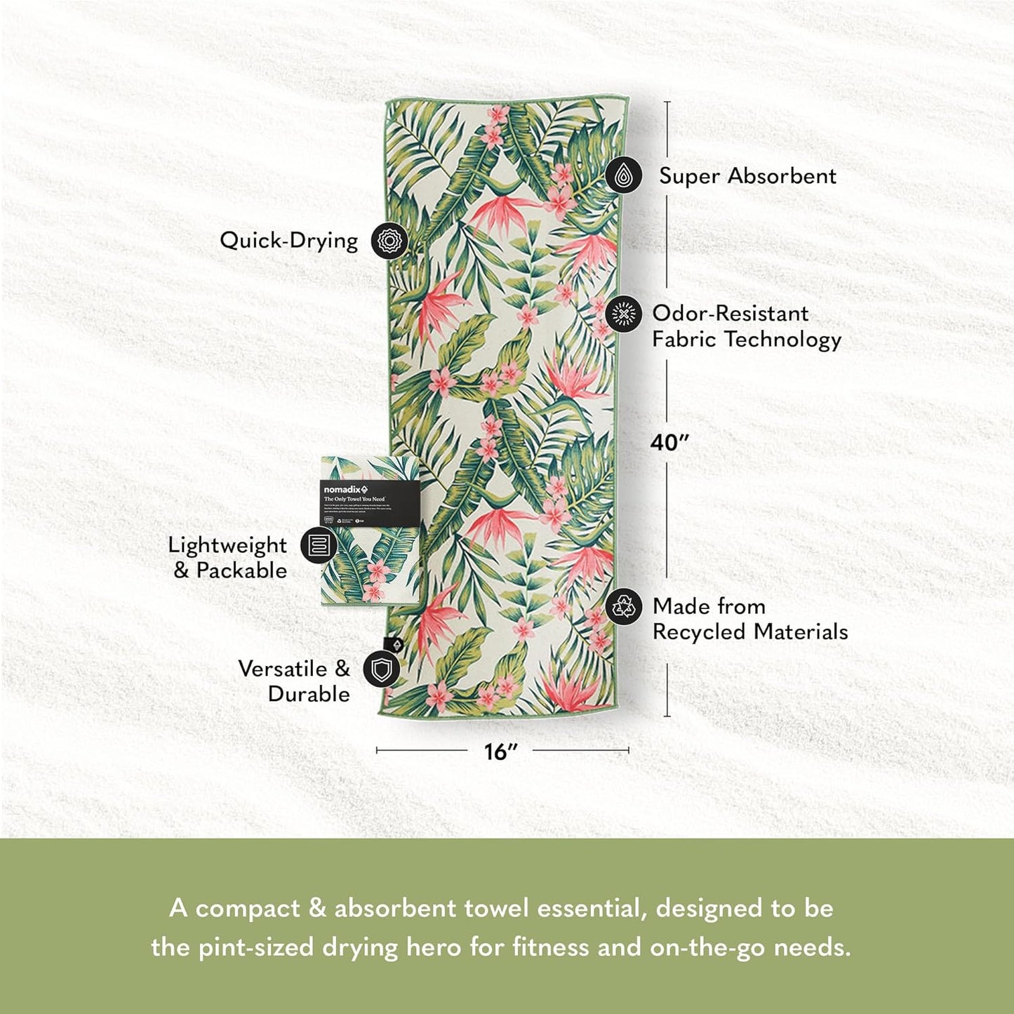 Nomadix Mini Towel - Perfect for Beach, Pool, Travel, Camping, Yoga - Made with Recycled Materials - Super Absorbent - Sand Resistant - Palms Pink - 16x40