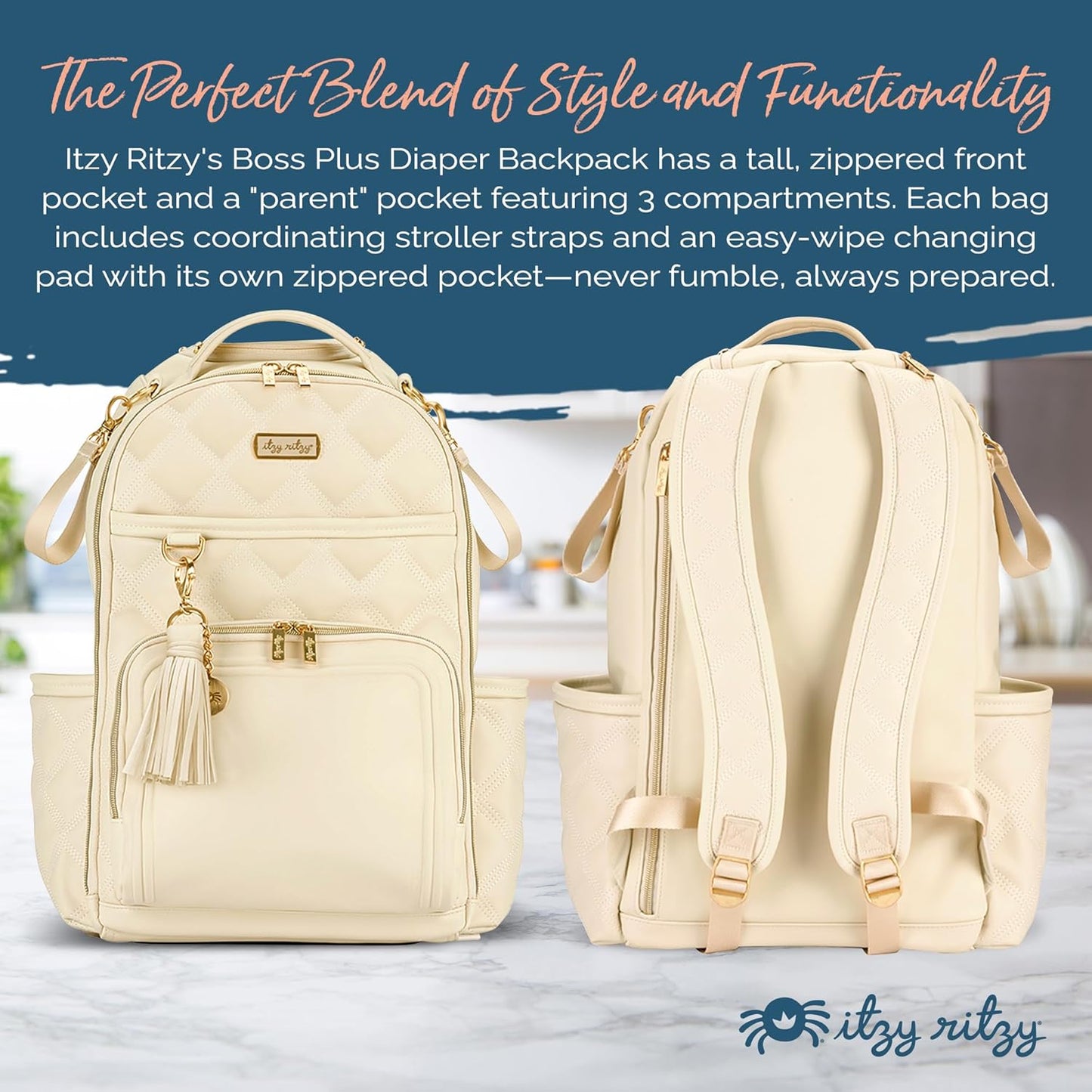Itzy Ritzy Diaper Bag Backpack – Large Capacity Boss Plus Baby Backpack Diaper Bag Featuring 19 Pockets, Changing Pad, Stroller Clips, and Comfortable Straps (Milk & Honey)