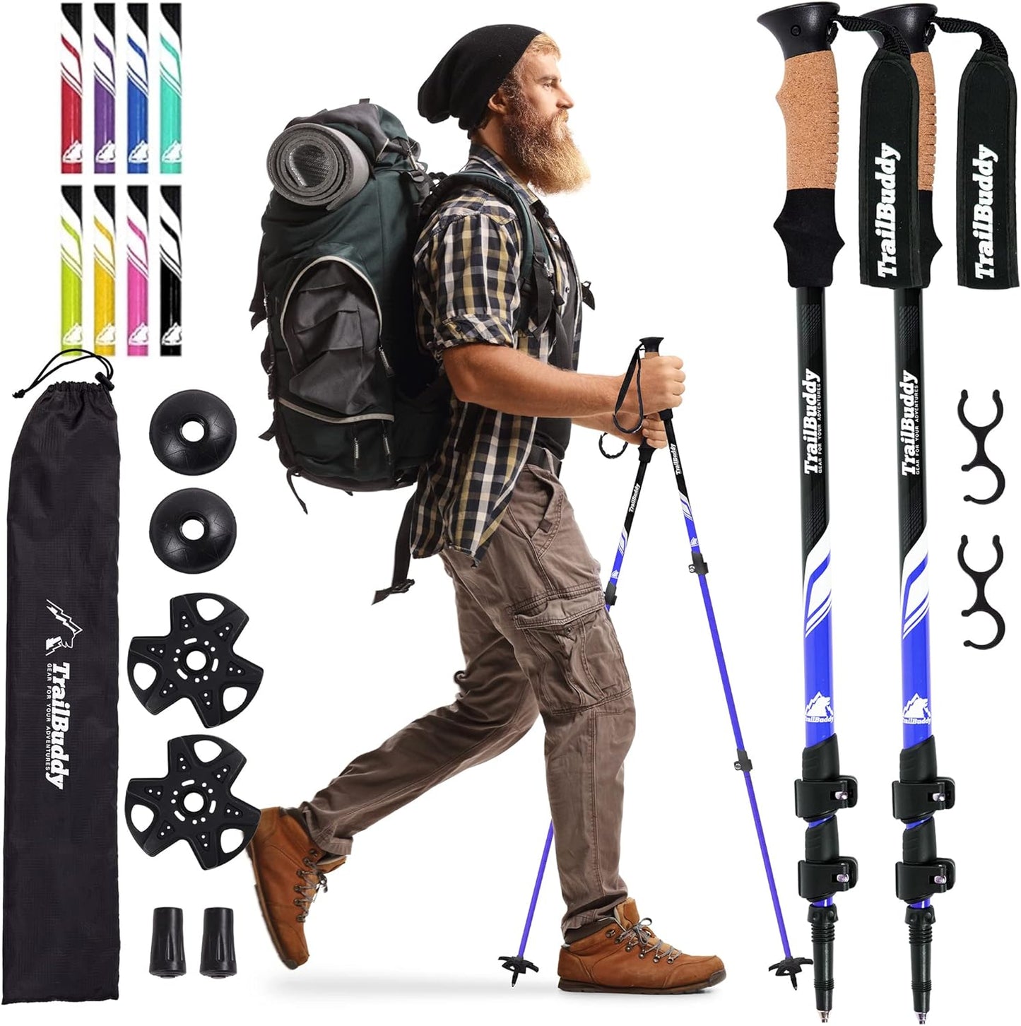 TrailBuddy Trekking Poles - Lightweight, Collapsible Hiking Poles for Snowshoe & Backpacking Gear - Pair of 2 Walking Sticks for Hiking, 7075 Aluminum with Cork Grip