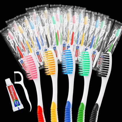 Disposable Toothbrushes with Toothpaste and Floss,100pcs Single Use Individually Wrapped Disposable Travel Toothbrushes and Dental Floss Kit Bulk for Homeless,Airbnb,Dentist,Hotel(5 Colors)