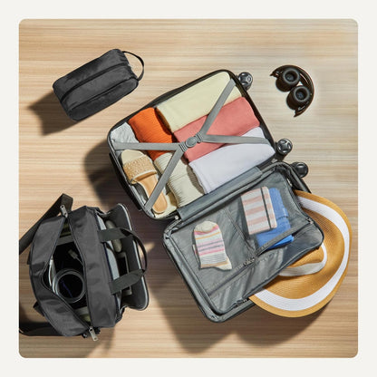 Amazon Basics 3-Piece Luggage Set, Including Carry-On Luggage (22" Expandable Hardside Suitcase With 8 Spinner Wheels), 15" Tote Bag, and 10" Compact Travel Bag, Black