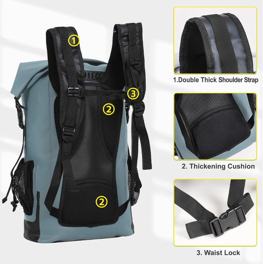 UPWELL 30L Waterproof Dry Bag Boating Backpack for Travel Hiking Camping Kayaking Hiking Swimming Floating Submersible Dry Bag grey