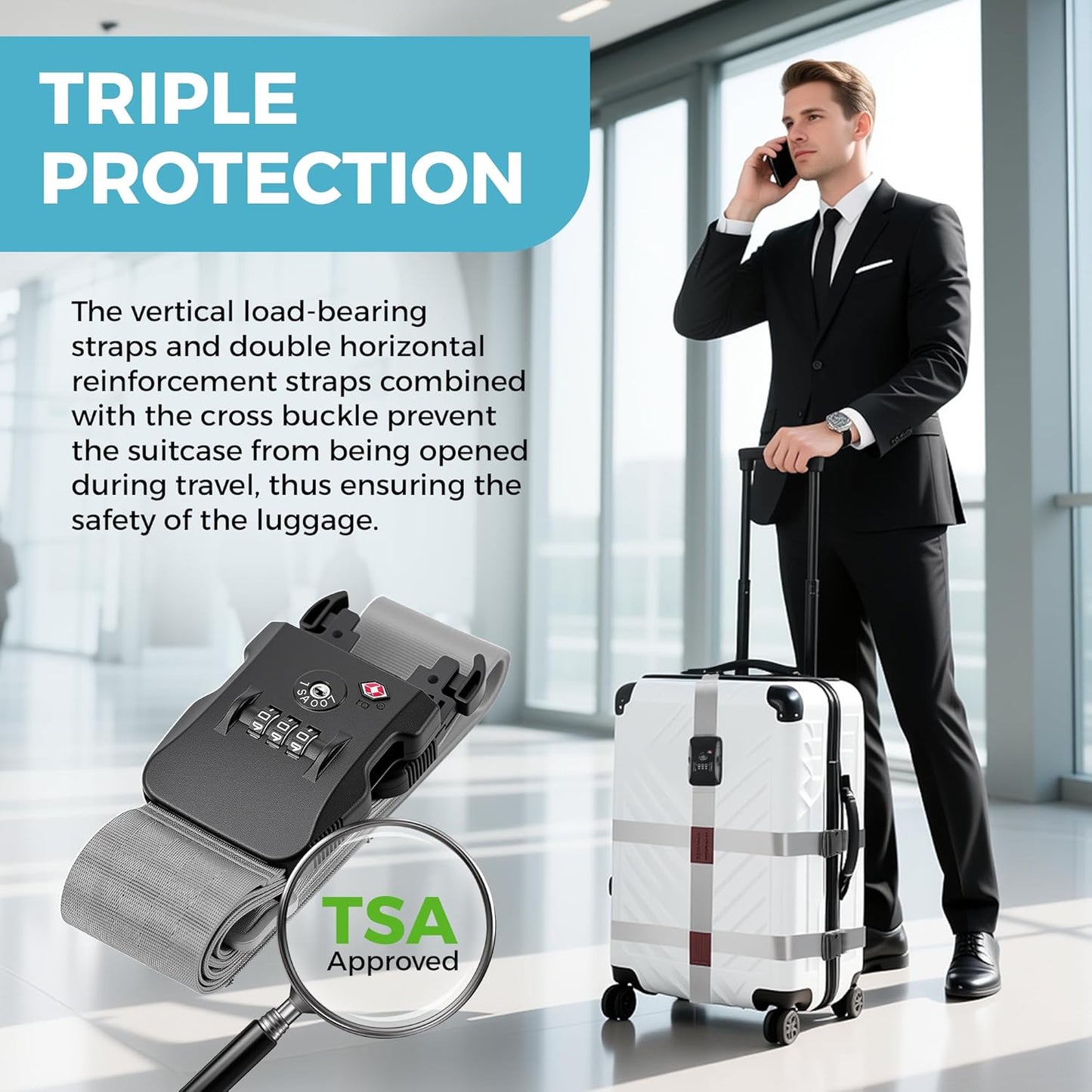 Luggage Straps with TSA Lock, Adjustable Heavy Duty Grey Luggage Straps for Suitcase with Reinforced Buckles, Cross Luggage Strap TSA Approved Combination Locks with Name Tags for Travel & Trip