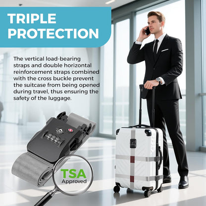 Luggage Straps with TSA Lock, Adjustable Heavy Duty Grey Luggage Straps for Suitcase with Reinforced Buckles, Cross Luggage Strap TSA Approved Combination Locks with Name Tags for Travel & Trip