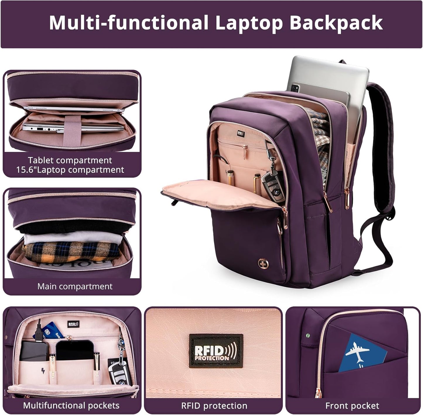 Swissdigital Design Business Laptop Backpack For Women, College Computer Backpack with USB Charging Port, Fits 15.6 Inch Laptop Travel Work Backpack, Purple | KATY ROSE
