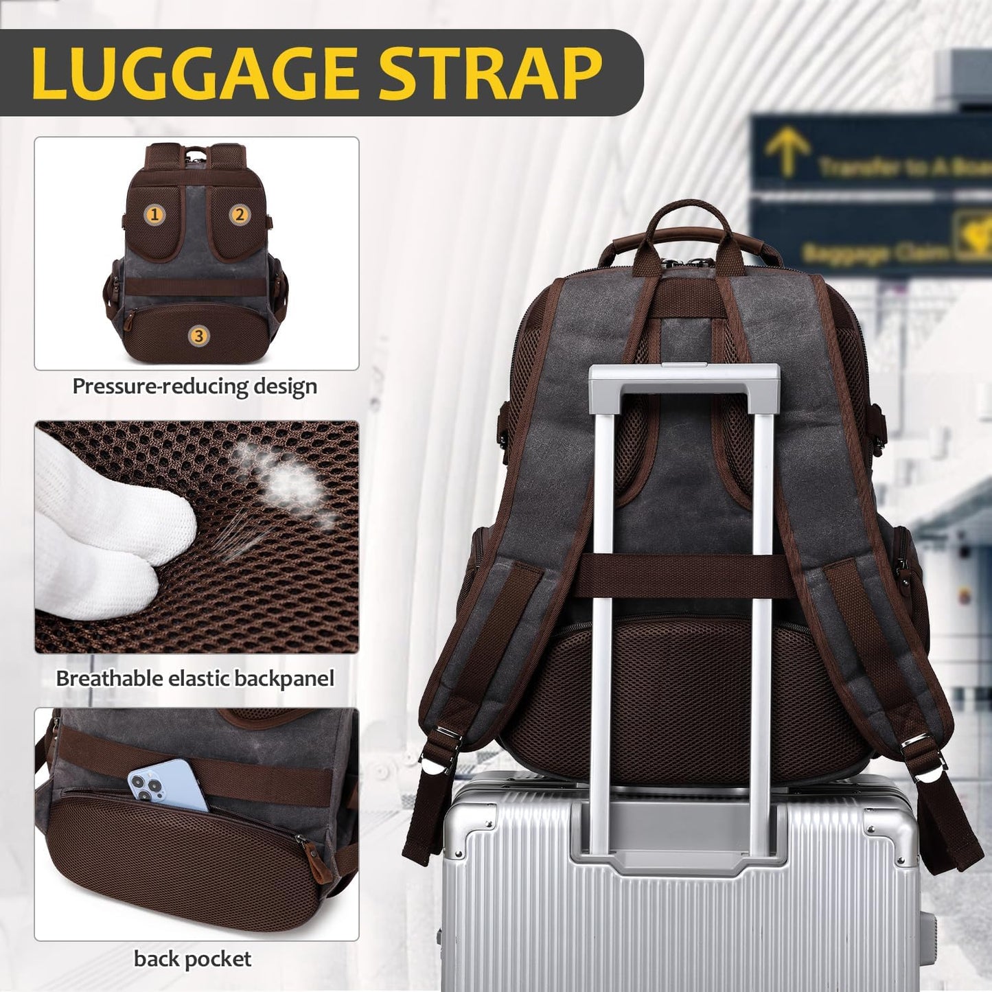 Travel Laptop Backpack 17.3 inch XL Computer Backpack for Men Waxed Canvas College Daypack Business Backpack Black Gray