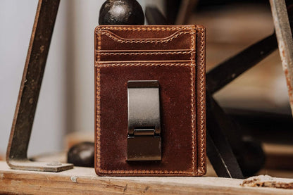House of Jack Co. Flynn Hinged Money Clip Wallet for Men, Slim Front Pocket Card Holder, Full Grain Cowhide Leather Wallet, Brown