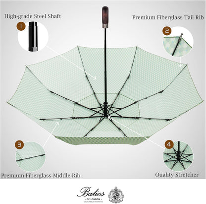 Balios Travel Folding Umbrella with Real Wood Handle Auto Open Close Vented Windproof Canopy - Designed in UK