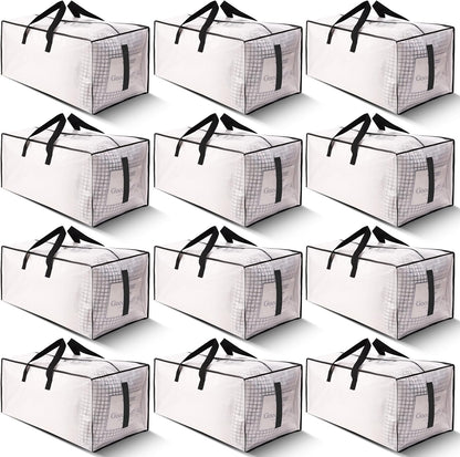 12 Pack Large Strong Moving Bags with Zippers & Carrying Handles - Water-Resistant - Heavy Duty Storage Tote for Space Saving, Fold Flat, Alternative to Moving Box (Semi-Transparent)