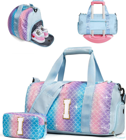 Sister Graduation Gift-Girl Gym Bag with Shoe Compartment, Kid Personalized Weekender Overnight Bags, Initial Travel Tote with Makeup Pouch Valentine's Day Gifts for Kids (Letter I)