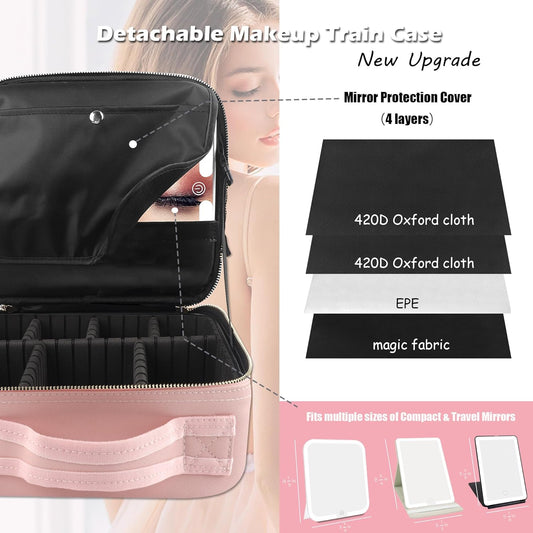MOMIRA Travel Makeup Bag Cosmetic Bag with Lighted Mirror, Adjustable Brightness in 3 Color Scenarios, Waterproof, 10x Magnifying Mirror, Rotatable Independent Light Mirror- Pink(Solid)