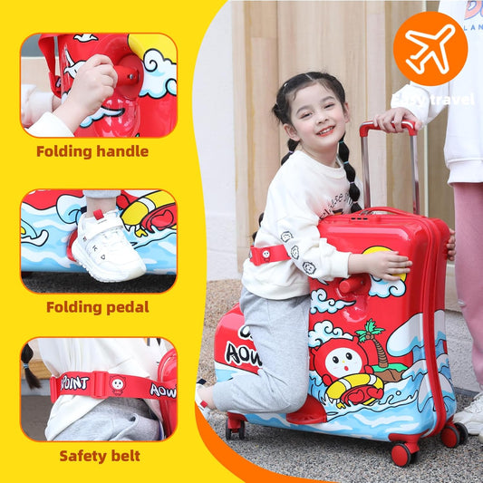 Kids' Lightweight Ride on Luggage with Spinner Wheels & Foldabe Design (Red, 20"+ Aged 1-3 Toddler),Children Holiday Birthday Gift