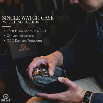 Single Watch Case - 1 Watch Travel Case Holder - Midnight Blue Swiss Motif Vegan Leather