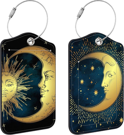Moon Sun Star Luggage Tags for Suitcases Astrology Phases Leather Travel Tags for Luggage ID Label with Privacy Cover and Stainless Steel Loop for Men Women Suitcase Backpack, Set of 2